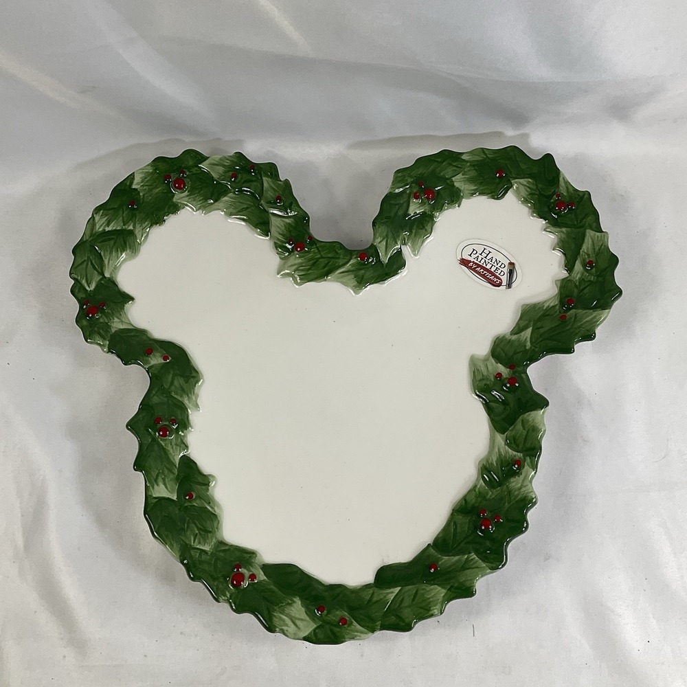 Christmas Mickey Mouse Icon Head Shaped Holly Berry Serving Plate HTF